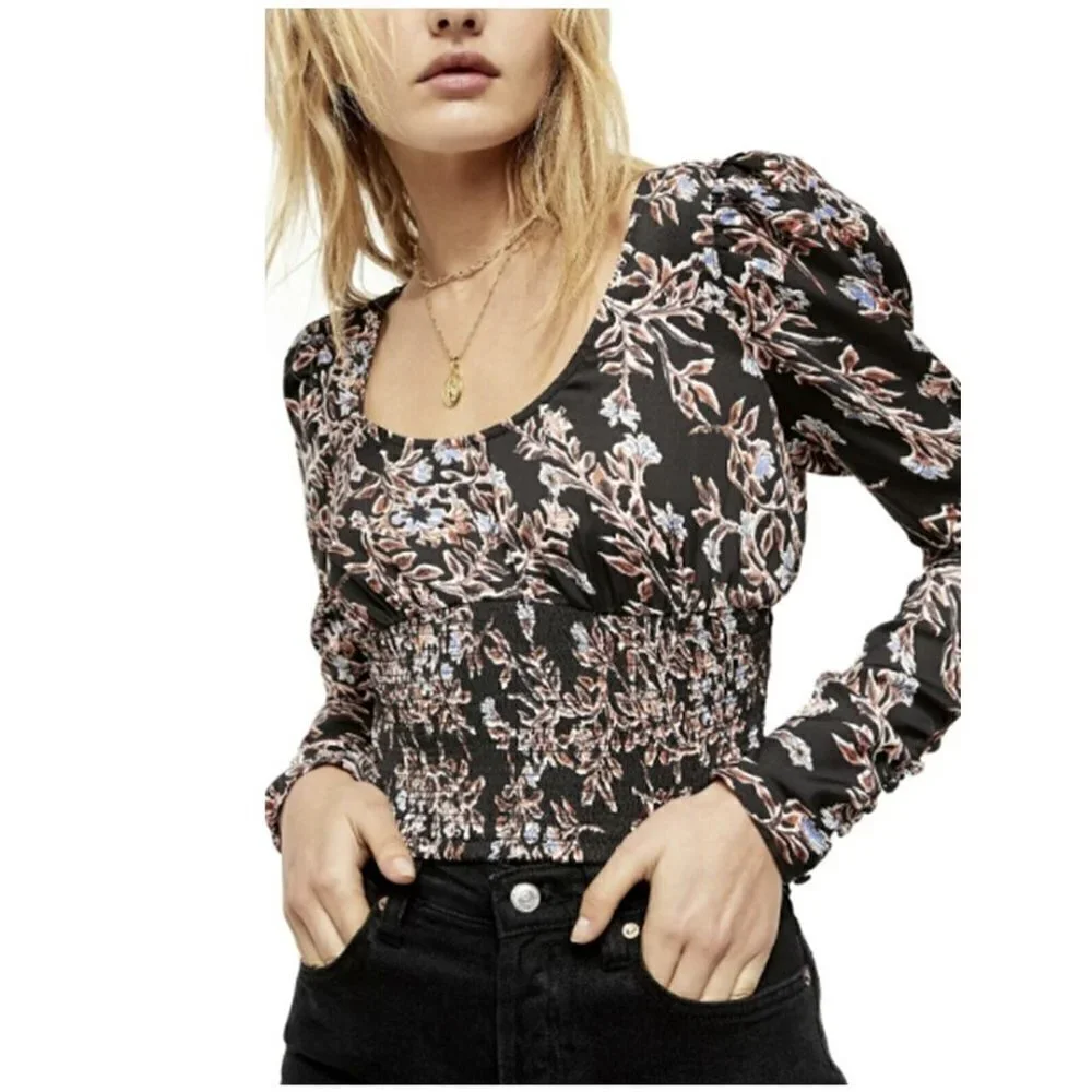 FREE PEOPLE Santiago Blouse Black Floral Long Sleeve Scoop Neck Smock Top
